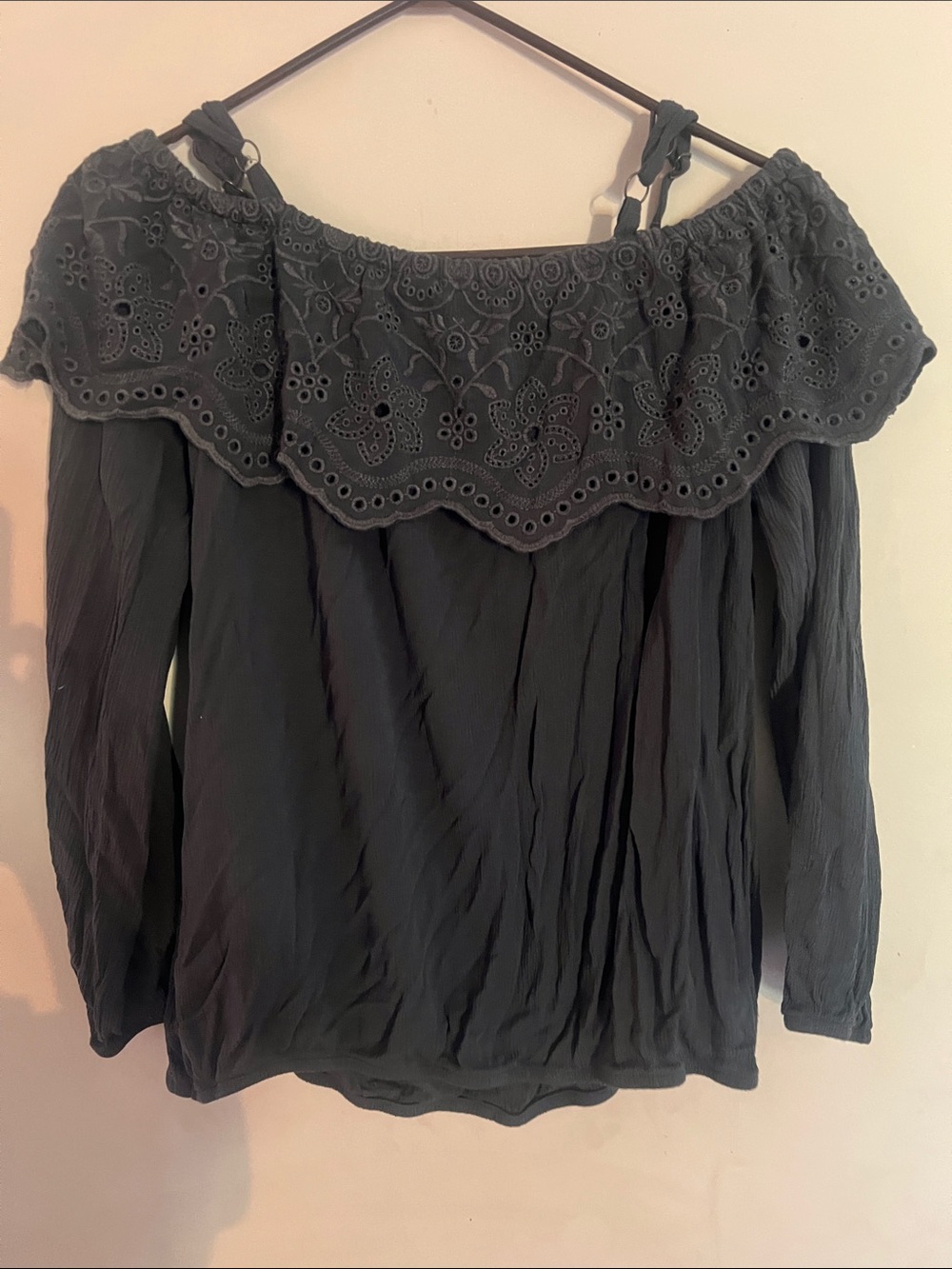 Maurices Black Off-Shoulder Eyelet Button-Front Blouse - Picture 3 of 3